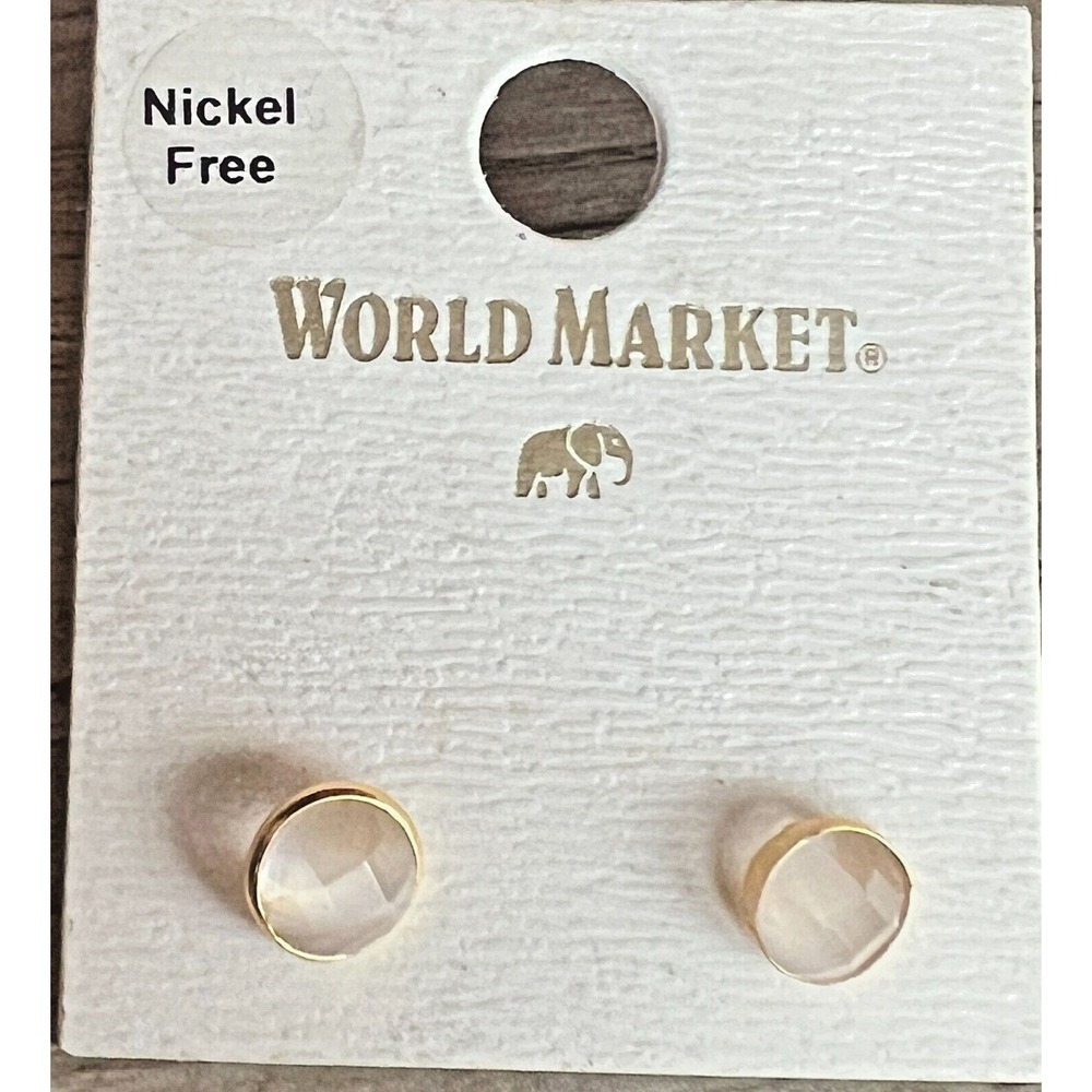 World Market Faceted Clear Glass Gold-Tone Stud Earrings Minimalist Neutral New